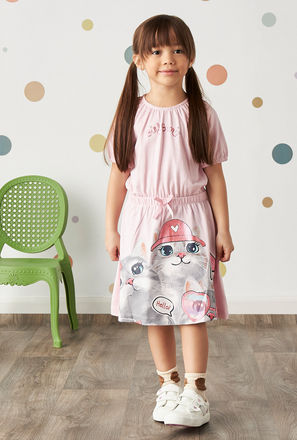Cat Print Dress with Raglan Sleeves-mxkids-girlstwotoeightyrs-clothing-dresses-casualdresses-1