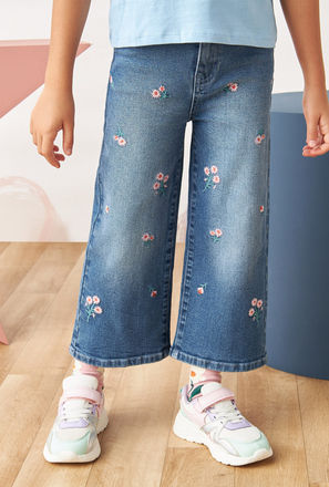 Floral Embroidered Mid-Rise Wide Leg Jeans with Elasticated Waist-mxkids-girlstwotoeightyrs-clothing-bottoms-jeans-1