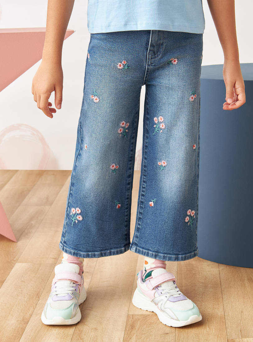 Floral Embroidered Mid-Rise Wide Leg Jeans with Elasticated Waist-Jeans-image-0