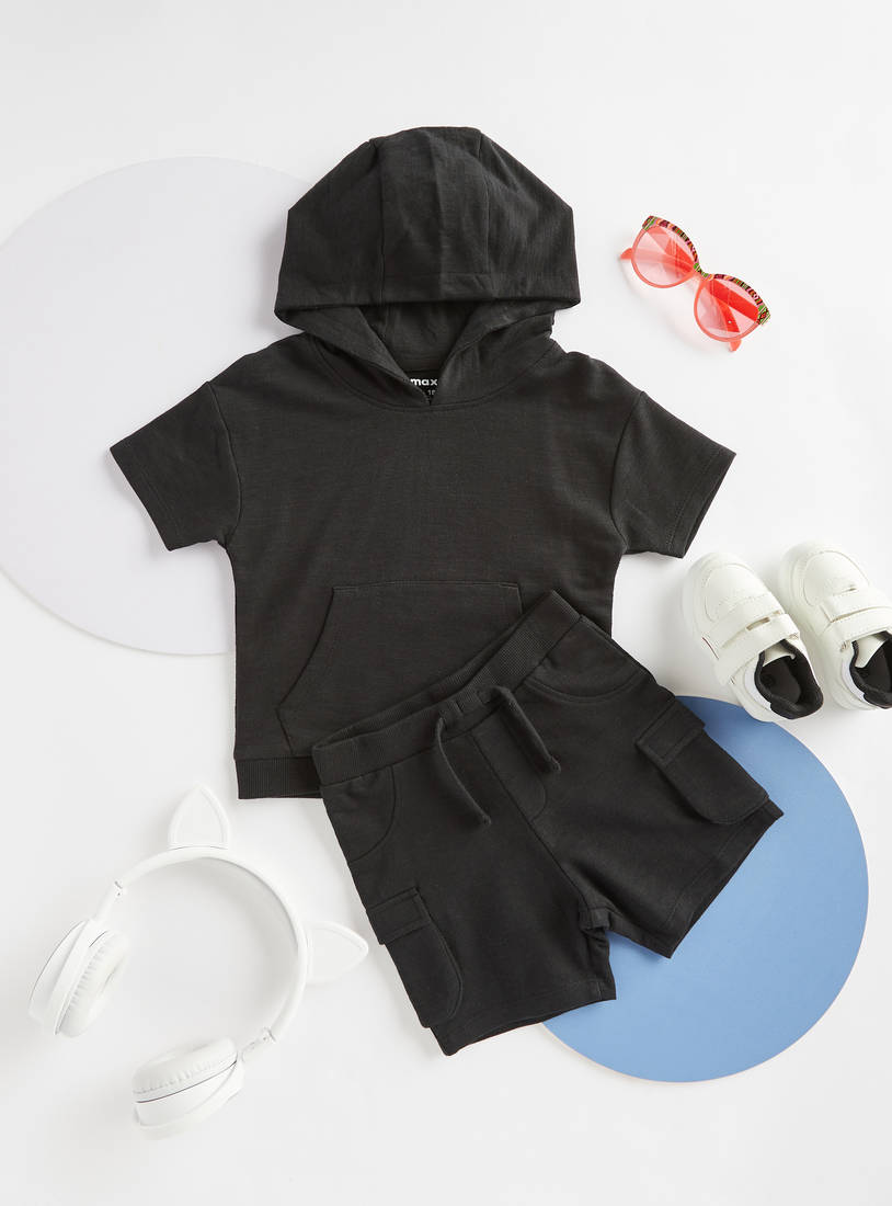 Plain Hooded T-shirt and Shorts Set-Sets & Outfits-image-0