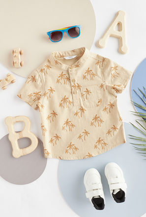 All-Over Palm Tree Print Better Cotton Shirt with Mandarin Collar-mxkids-babyboyzerototwoyrs-clothing-teesandshirts-shirts-1