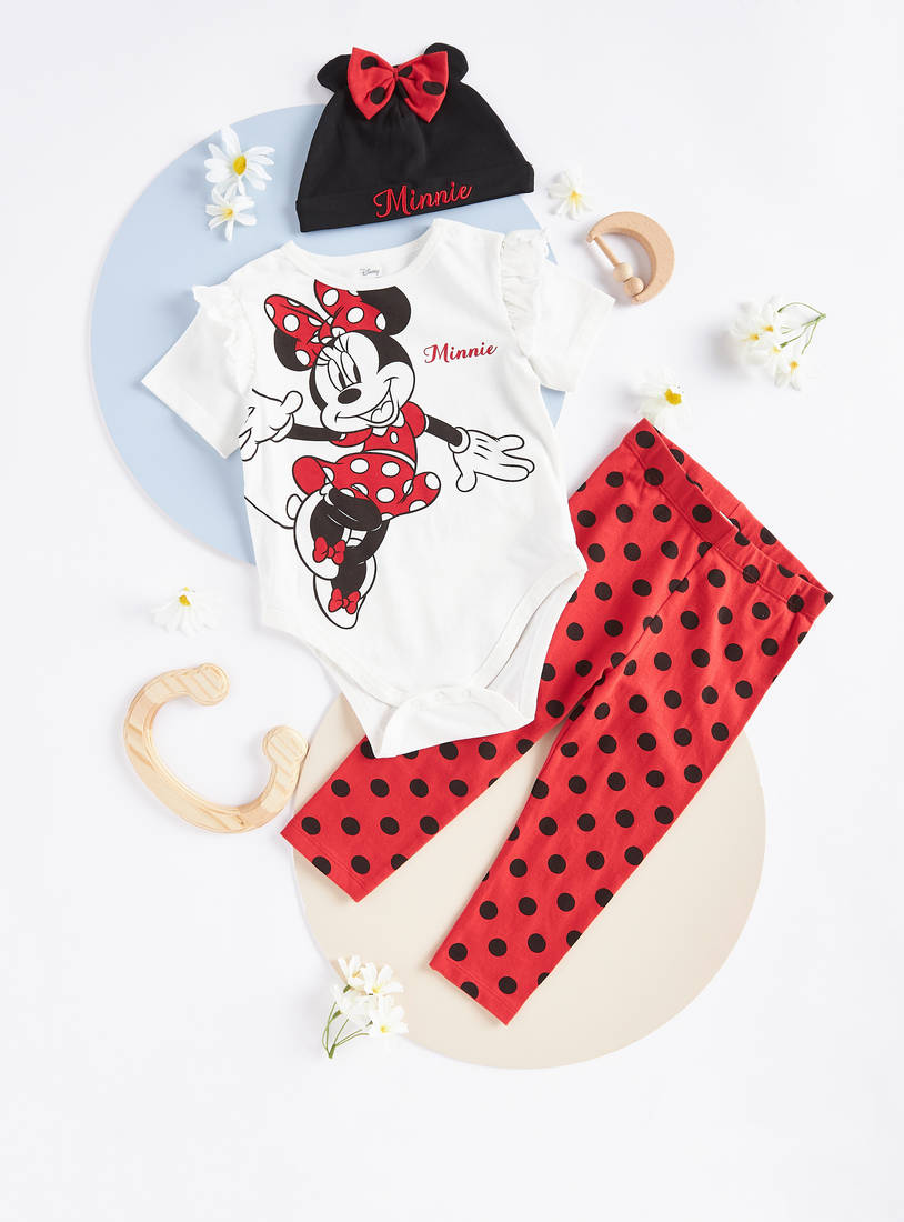 Minnie Mouse Print Bodysuit with Leggings and Beanie Cap-Sets & Outfits-image-0