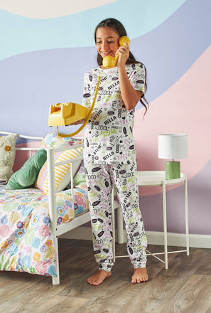 All-Over Typography Print Cotton Pyjama Set-mxkids-girlseighttosixteenyrs-clothing-nightwear-sets-3