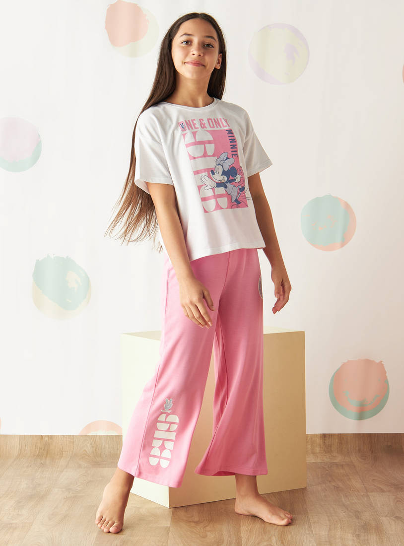 Minnie Mouse Print Cotton T-shirt and Pyjama Set-Pyjama Sets-image-0