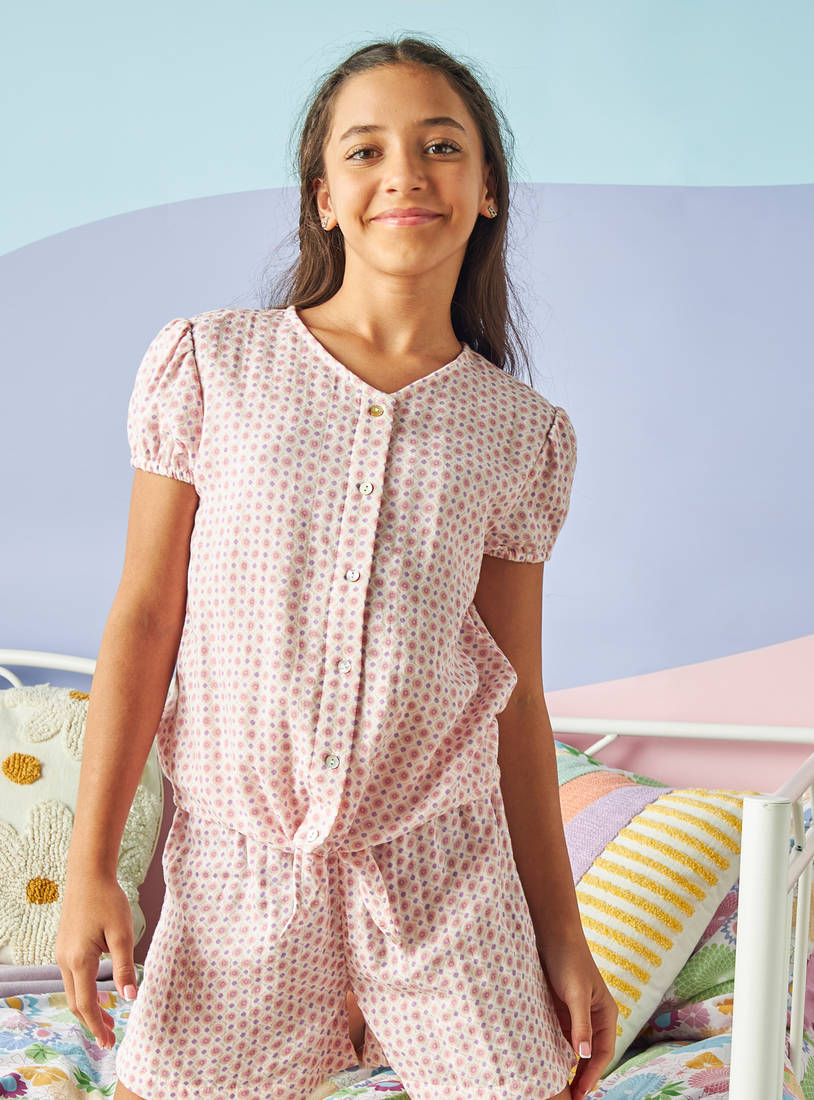 All-Over Geometric Print Cotton Shorts Set-Pyjama Sets-image-1