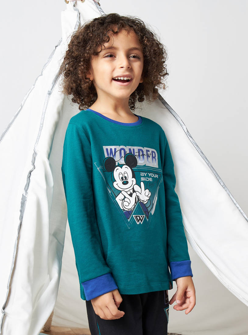 Mickey Mouse Print T-shirt and Pyjama Set-Nightwear-image-1