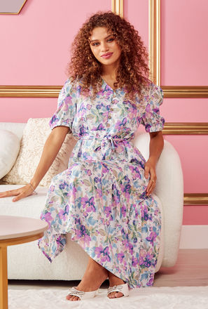 All-Over Floral Print Tiered Dress with Tie-Ups-mxwomen-clothing-dressesandjumpsuits-midi-1