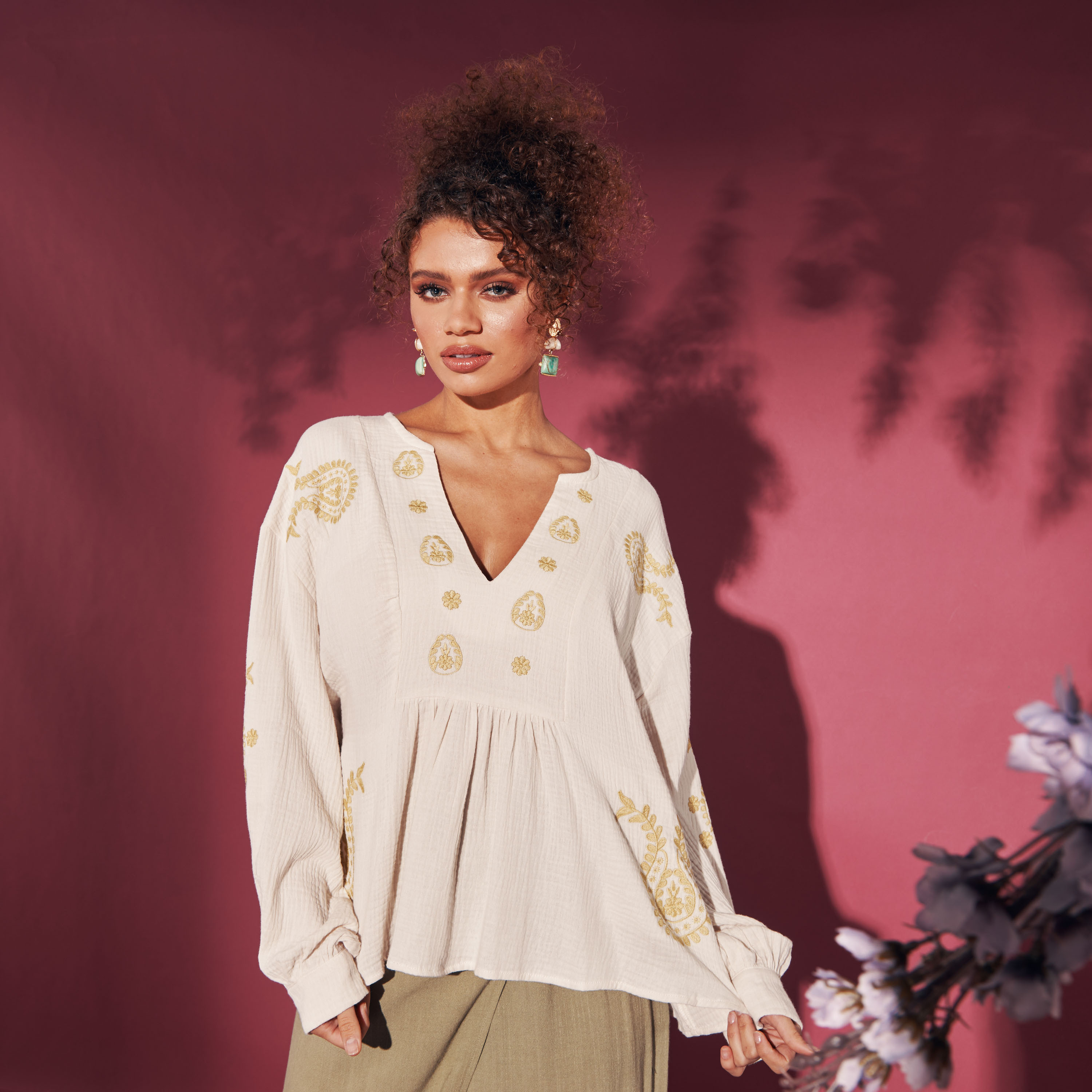 MAX FF　sheer hook tops Shop Embroidered Cheesecloth Top Online | Max Oman