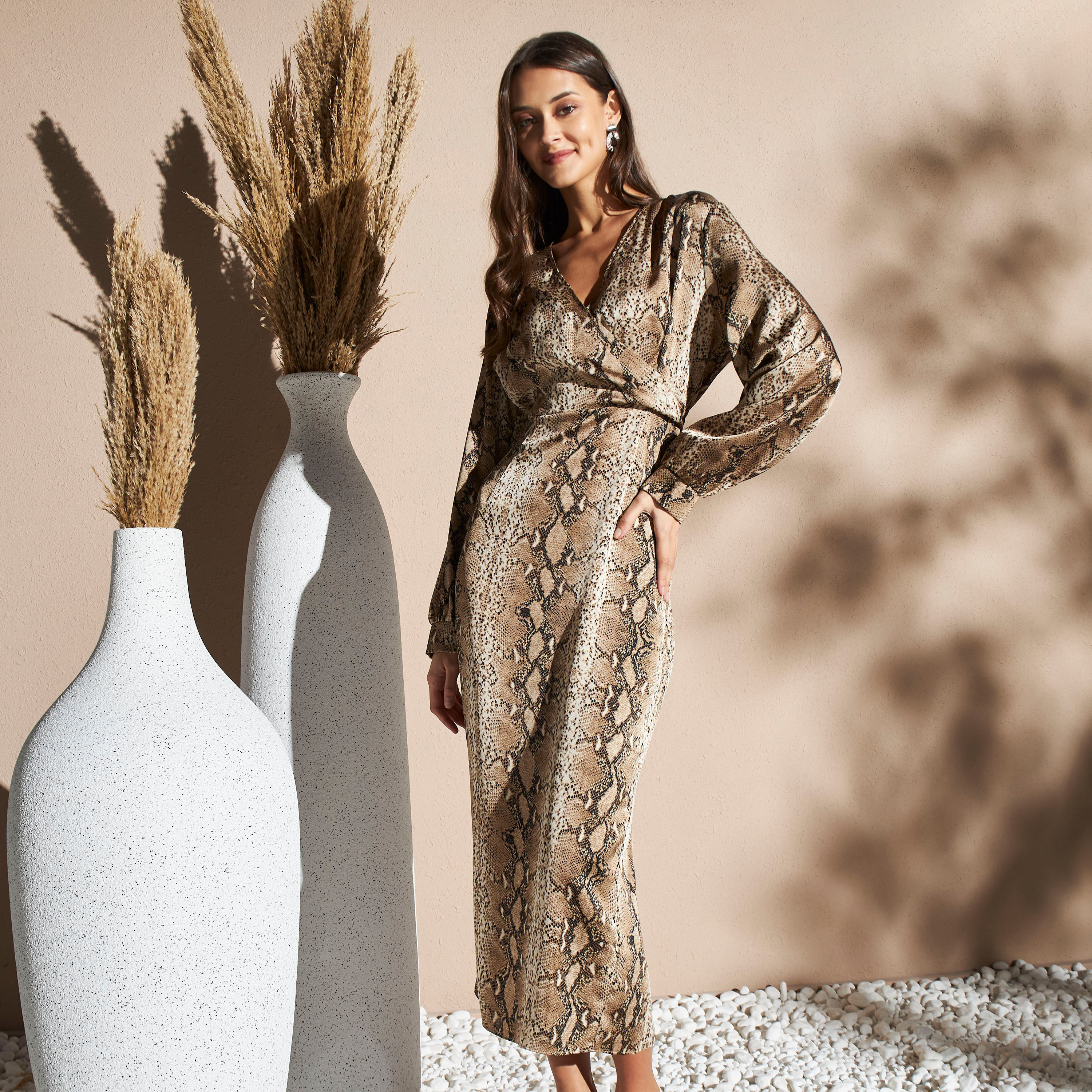 Snake print wrap midi dress online