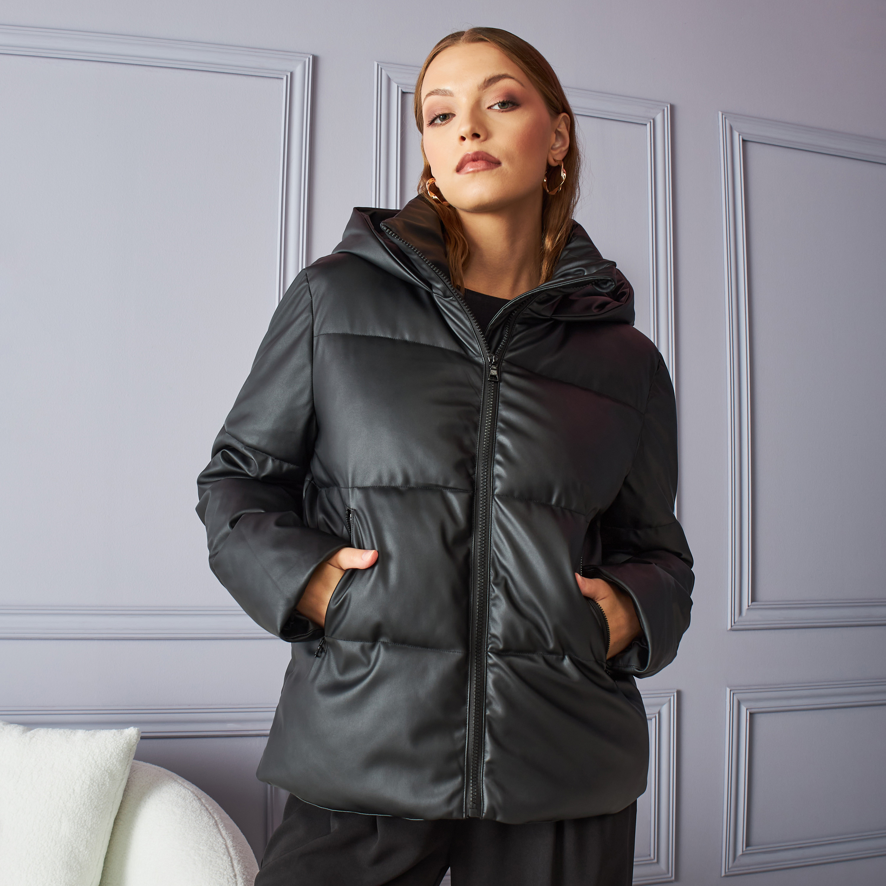 Quilted zip through jacket with sales hood