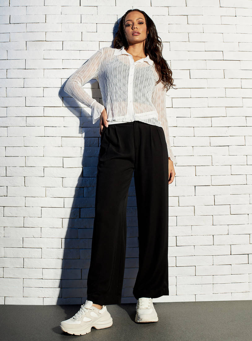 Textured Fitted Shirt with Bell Sleeves-Blouses-image-1