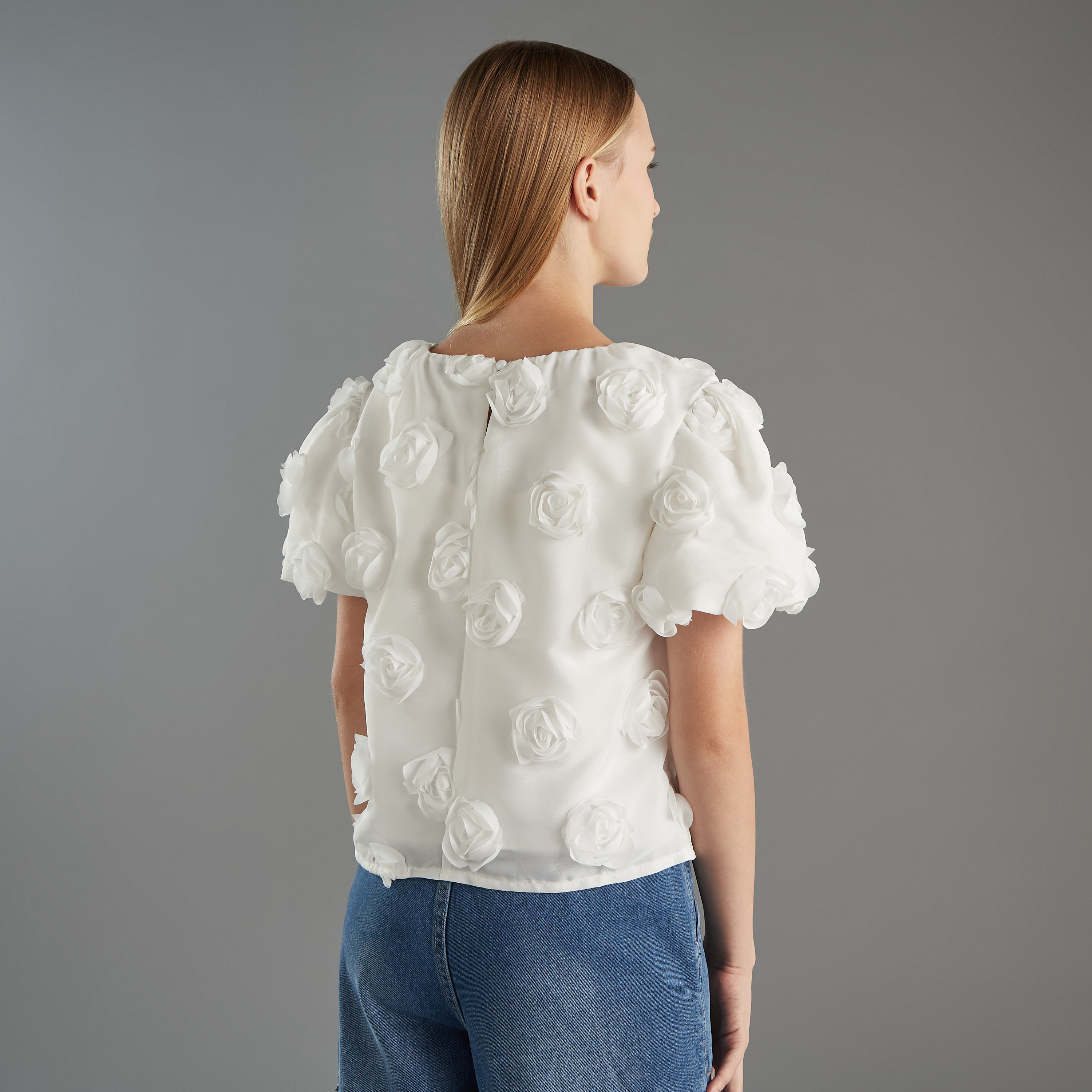 sheller 3D flower ruffle tops Sharla White 3D Flowers Crop