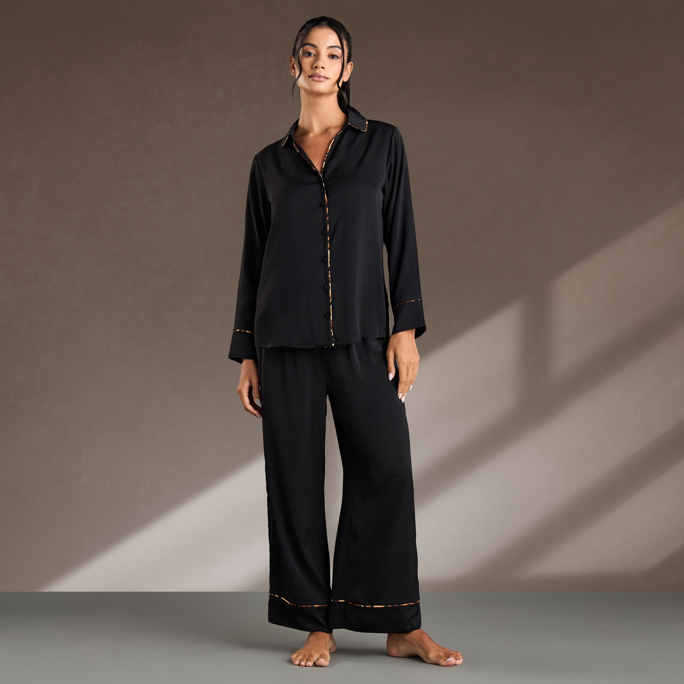 Shop Animal Print Piping Wide Leg Pyjama Set Online | Max Kuwait