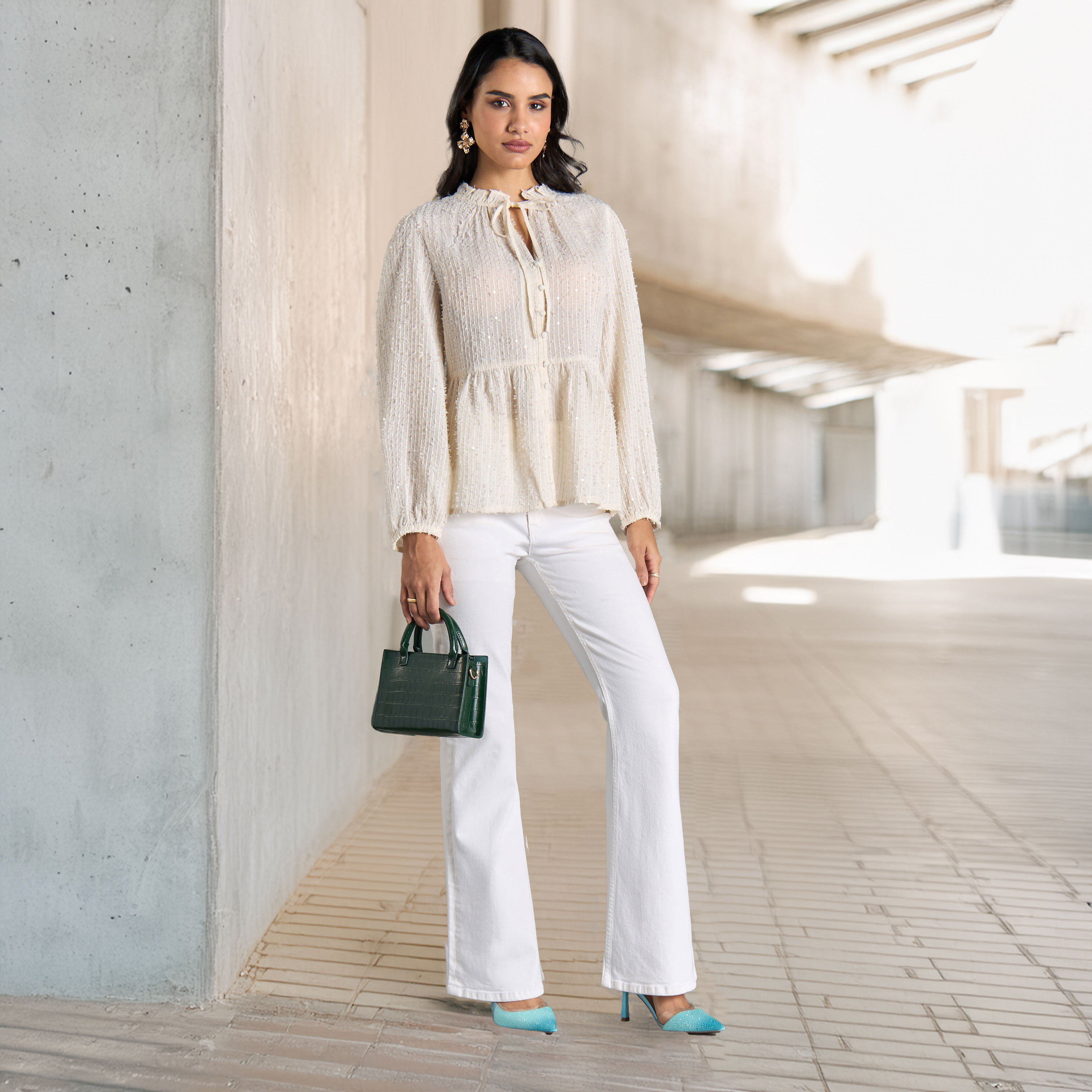 Shop Textured Peplum Top with Tie-Up Neck Online | Max UAE