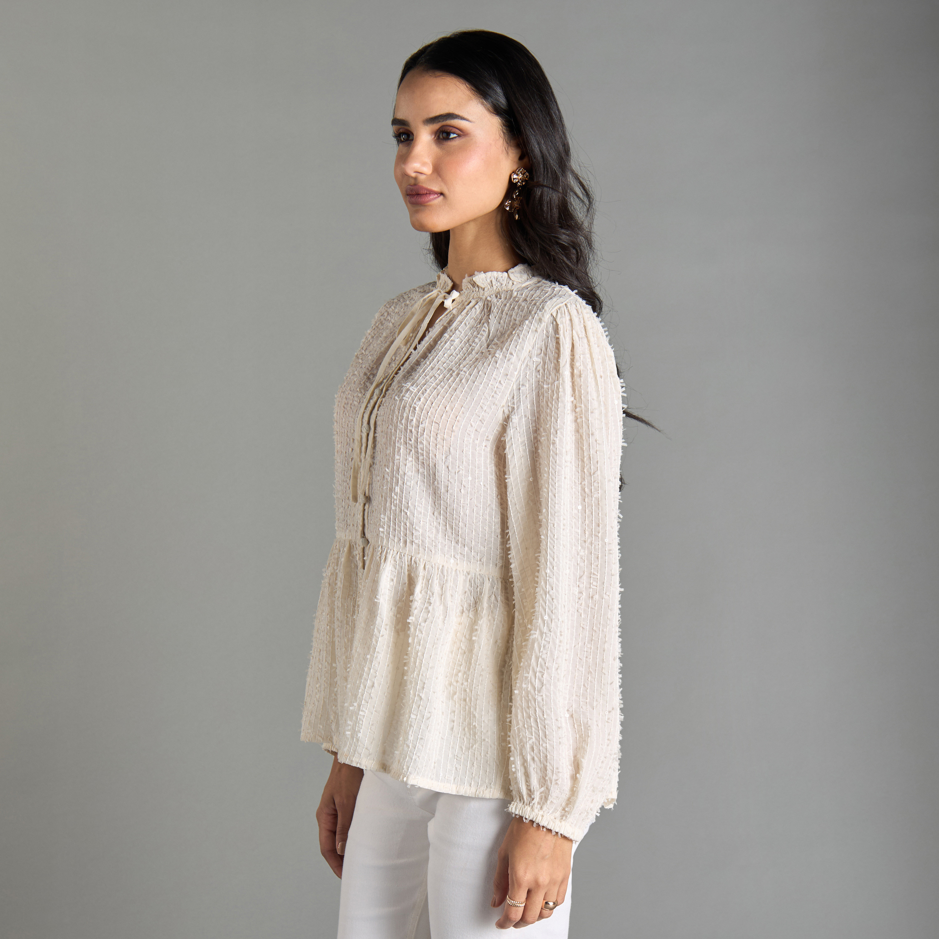 Shop Textured Peplum Top with Tie-Up Neck Online | Max UAE