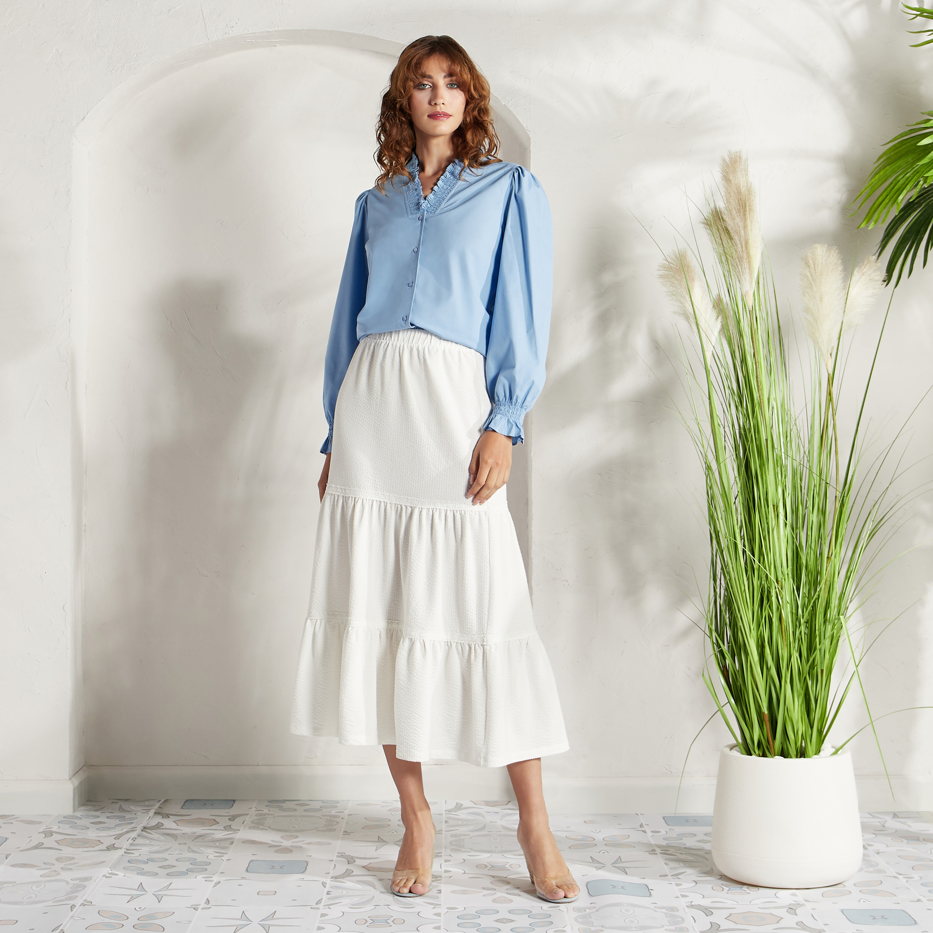 Shop Textured Floral Lace Tiered Maxi Skirt Online | Max Oman