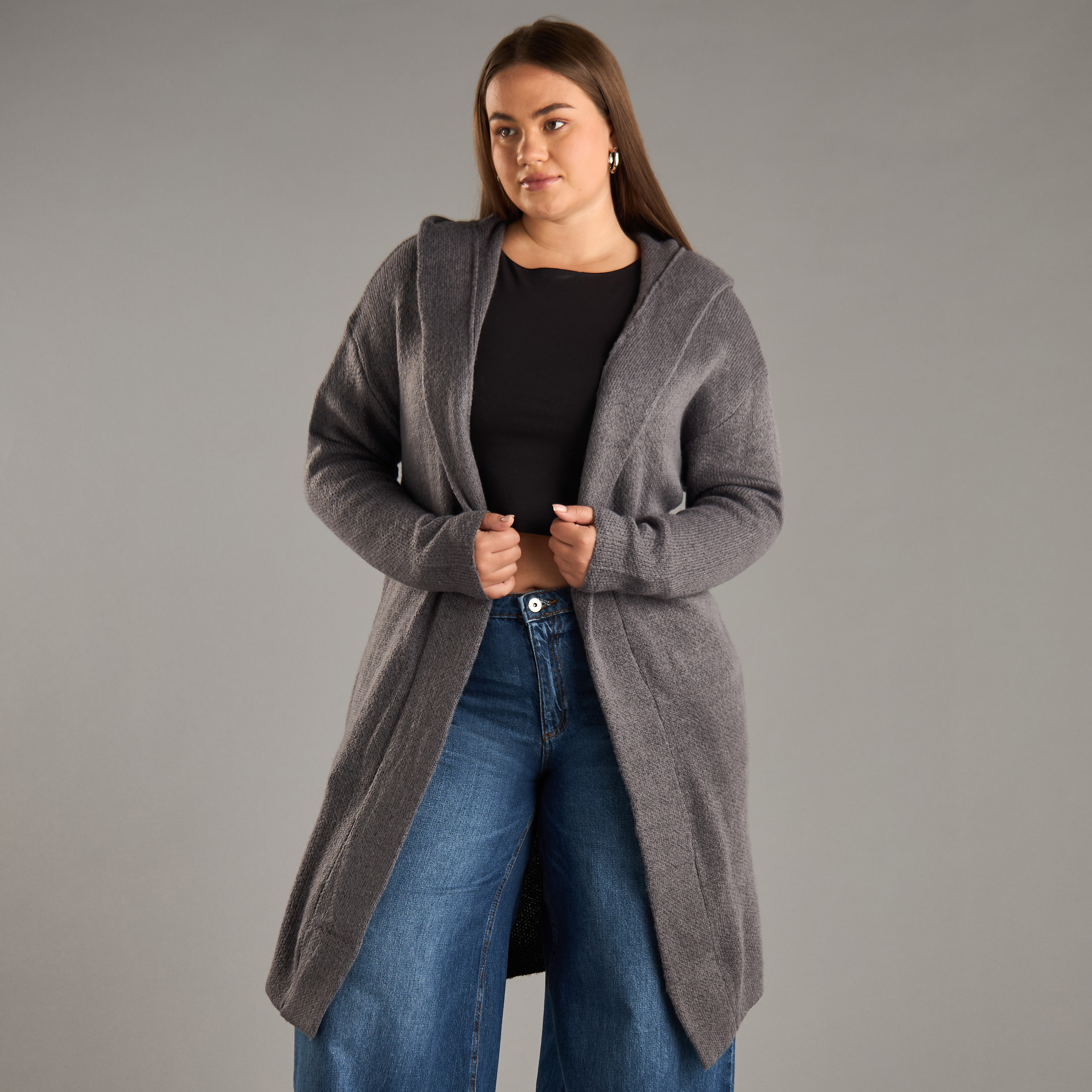 Shop Plain Open Front Longline Cardigan with Hood Online Max UAE