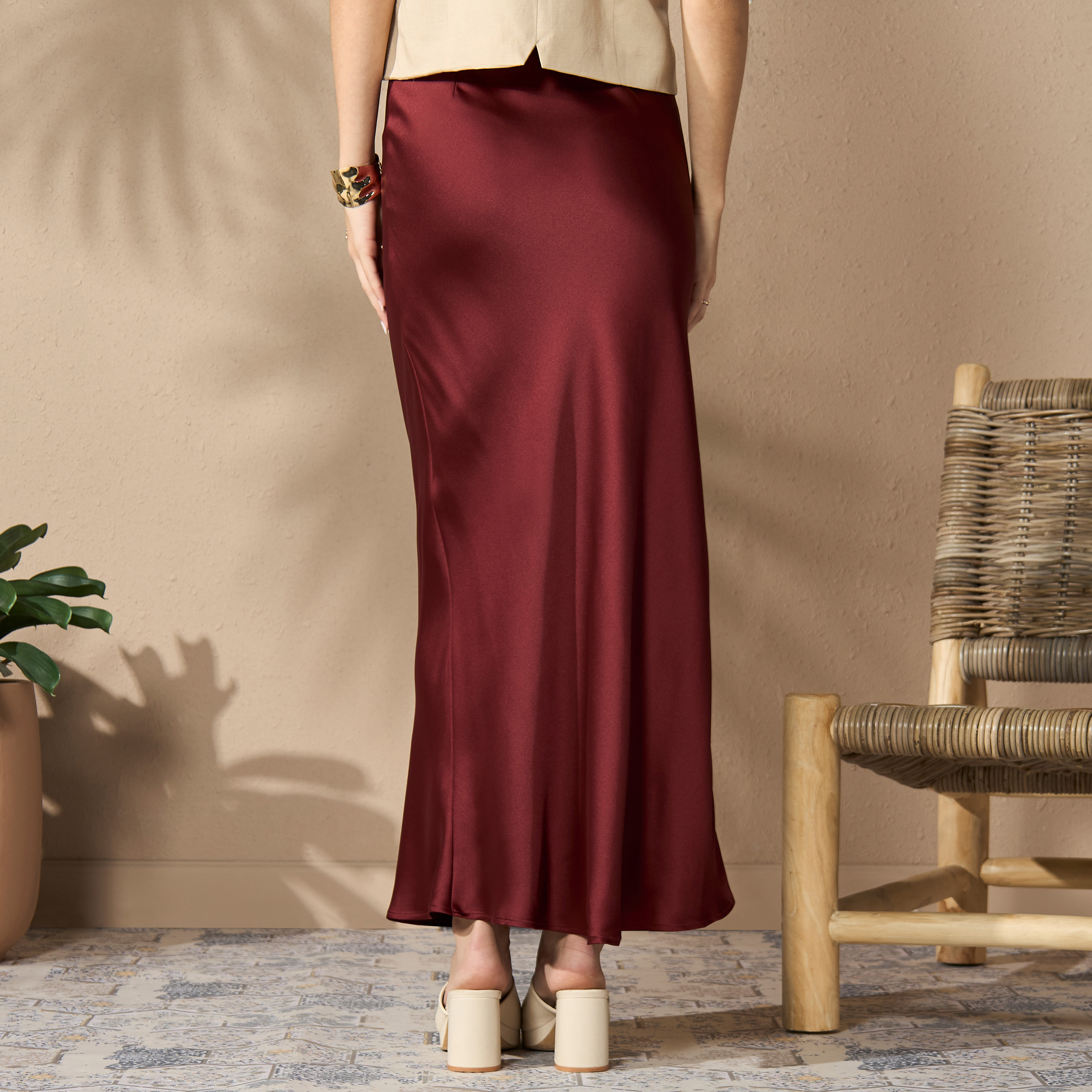 Maroon satin maxi skirt best sale