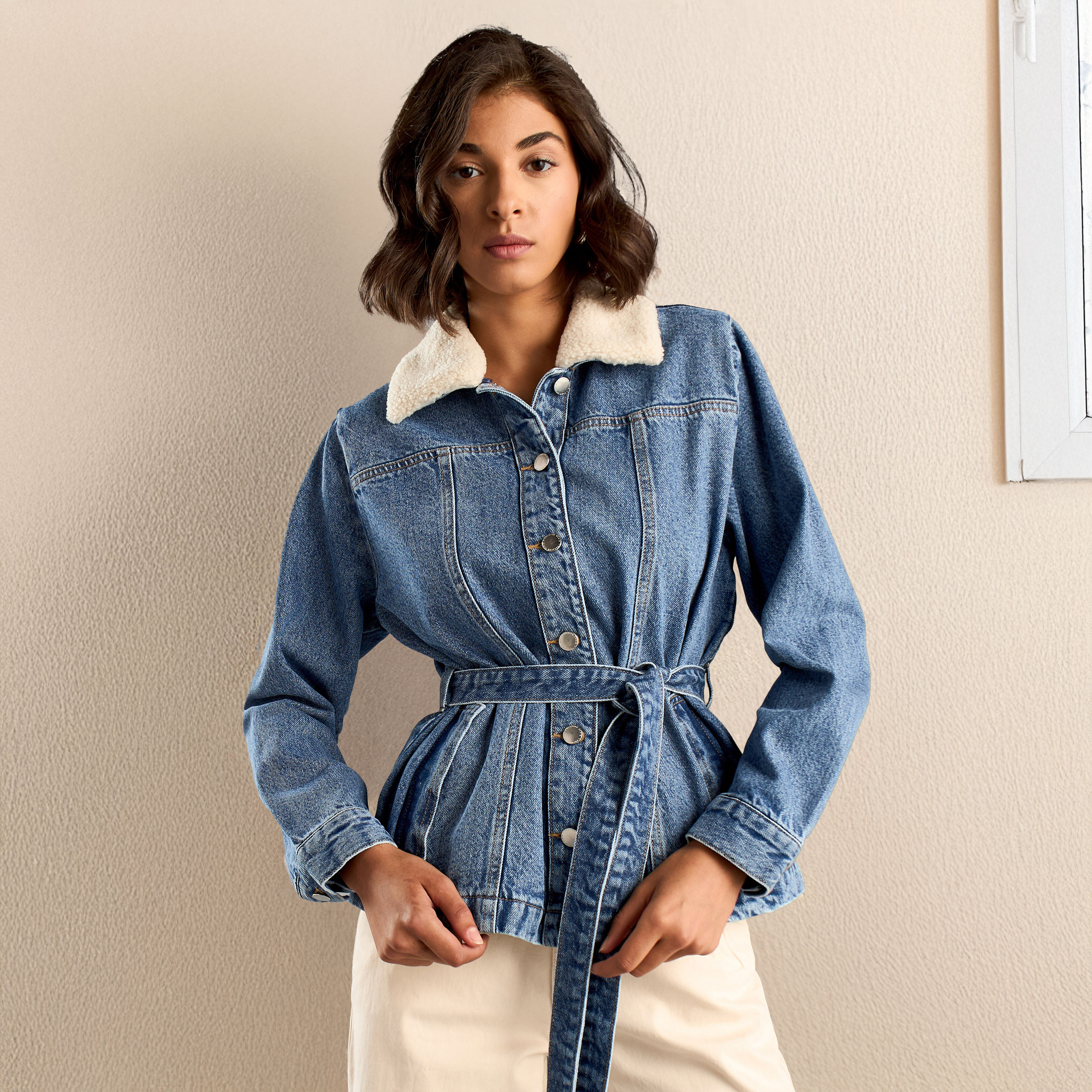 Shop Plain Denim Longline Jacket with Fur Collar Online Max UAE