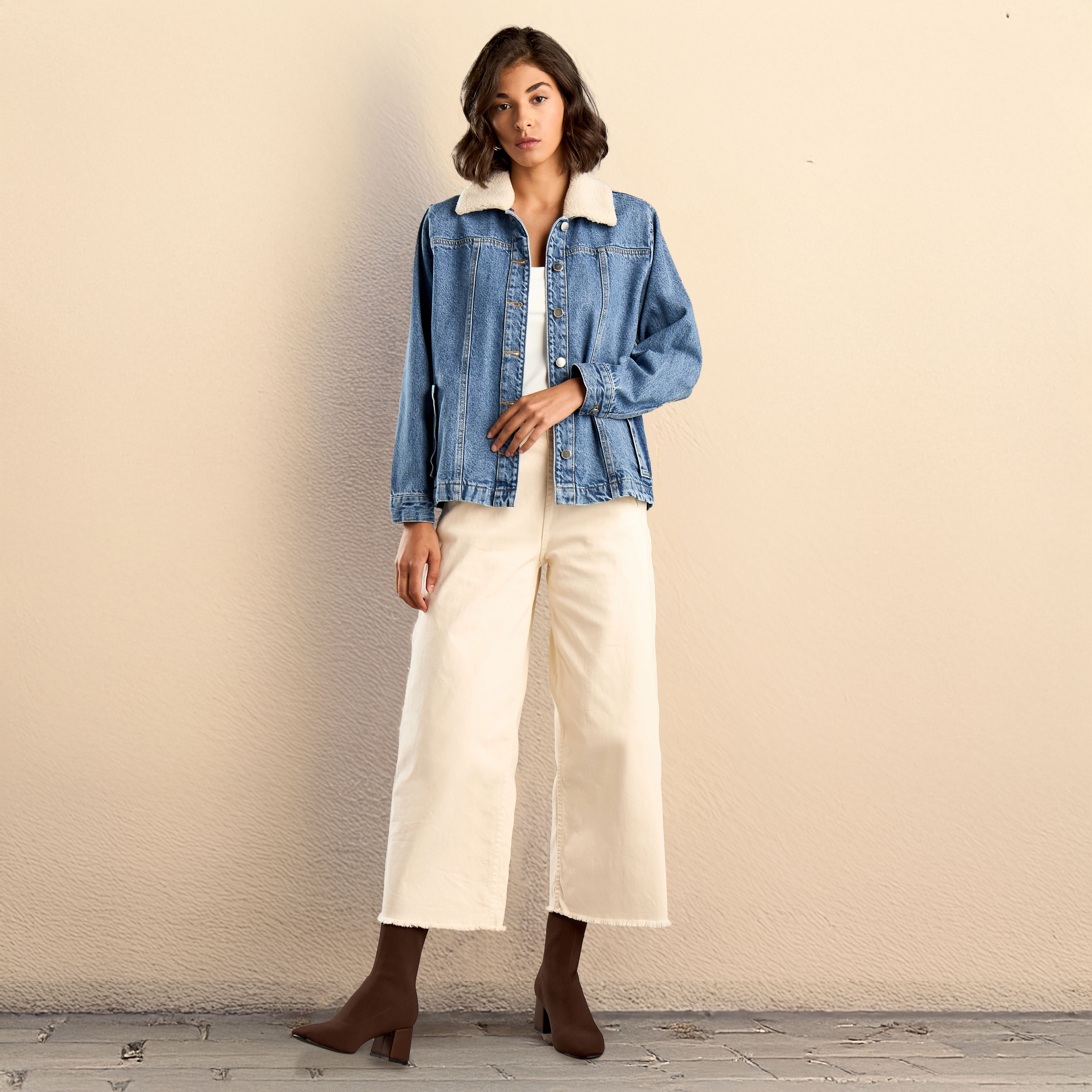 Shop Plain Denim Longline Jacket with Fur Collar Online Max UAE