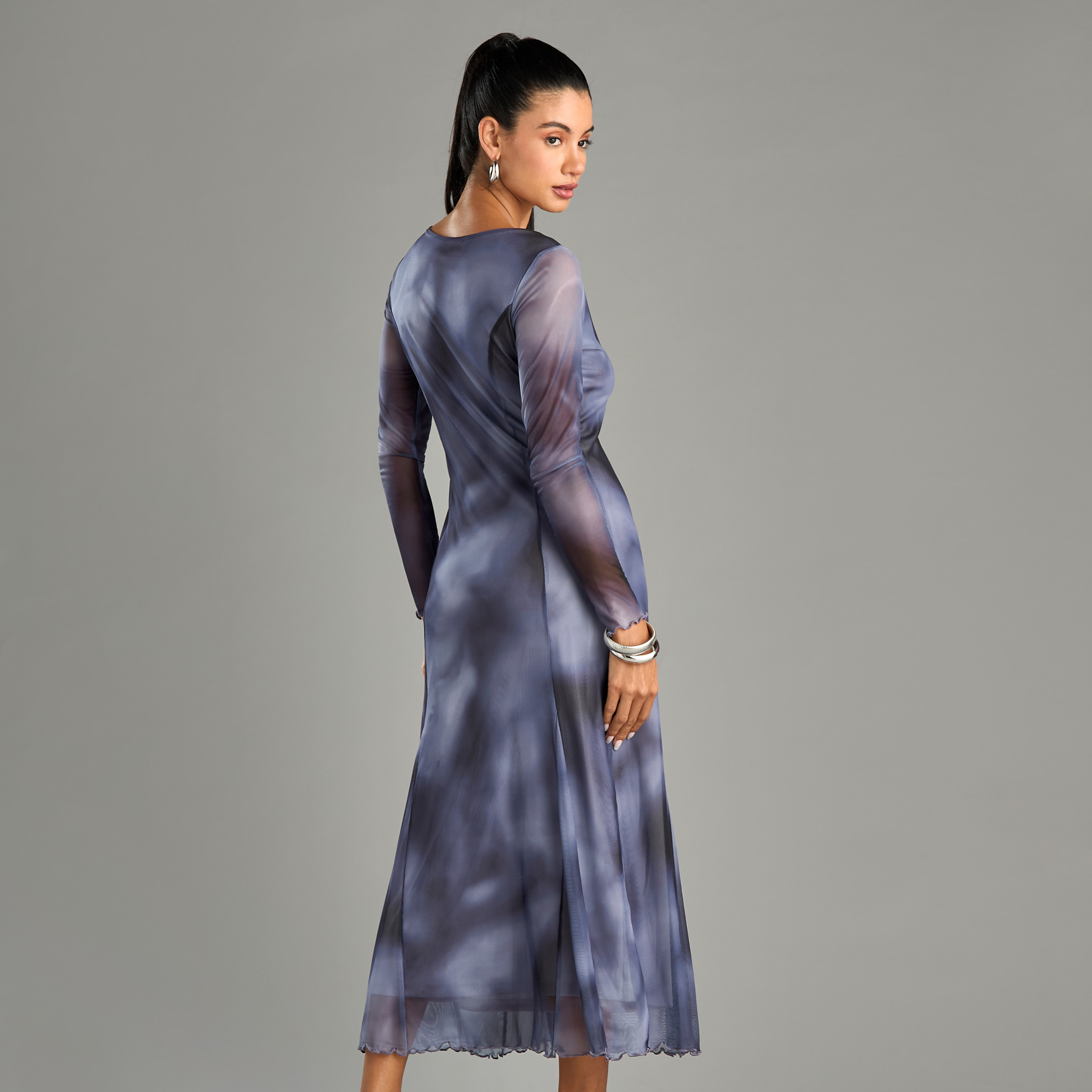 Shop All Over Print Mesh Dress with Side Panel Online Max Kuwait