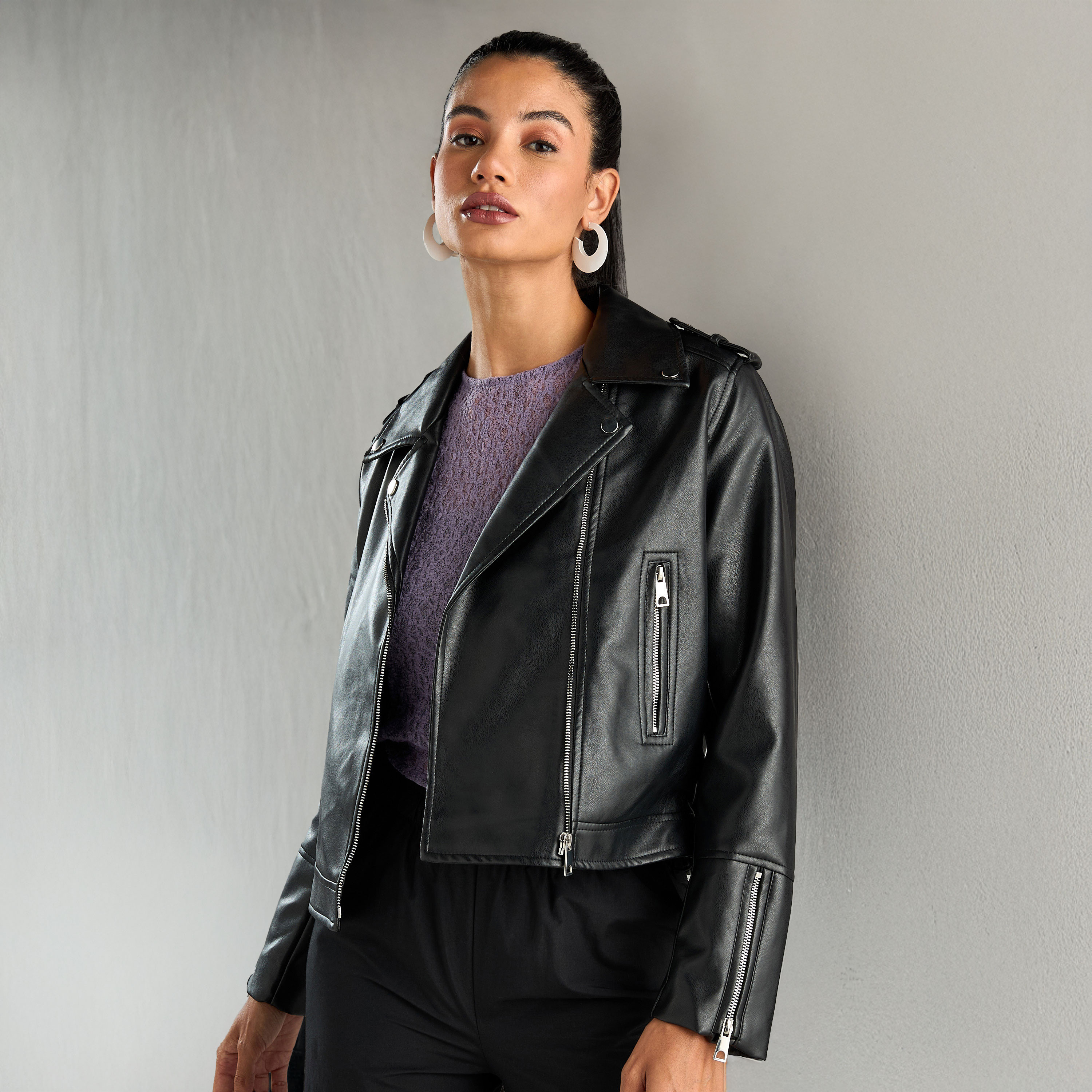 Shop Plain Zip Through Biker Jacket Online Max Bahrain