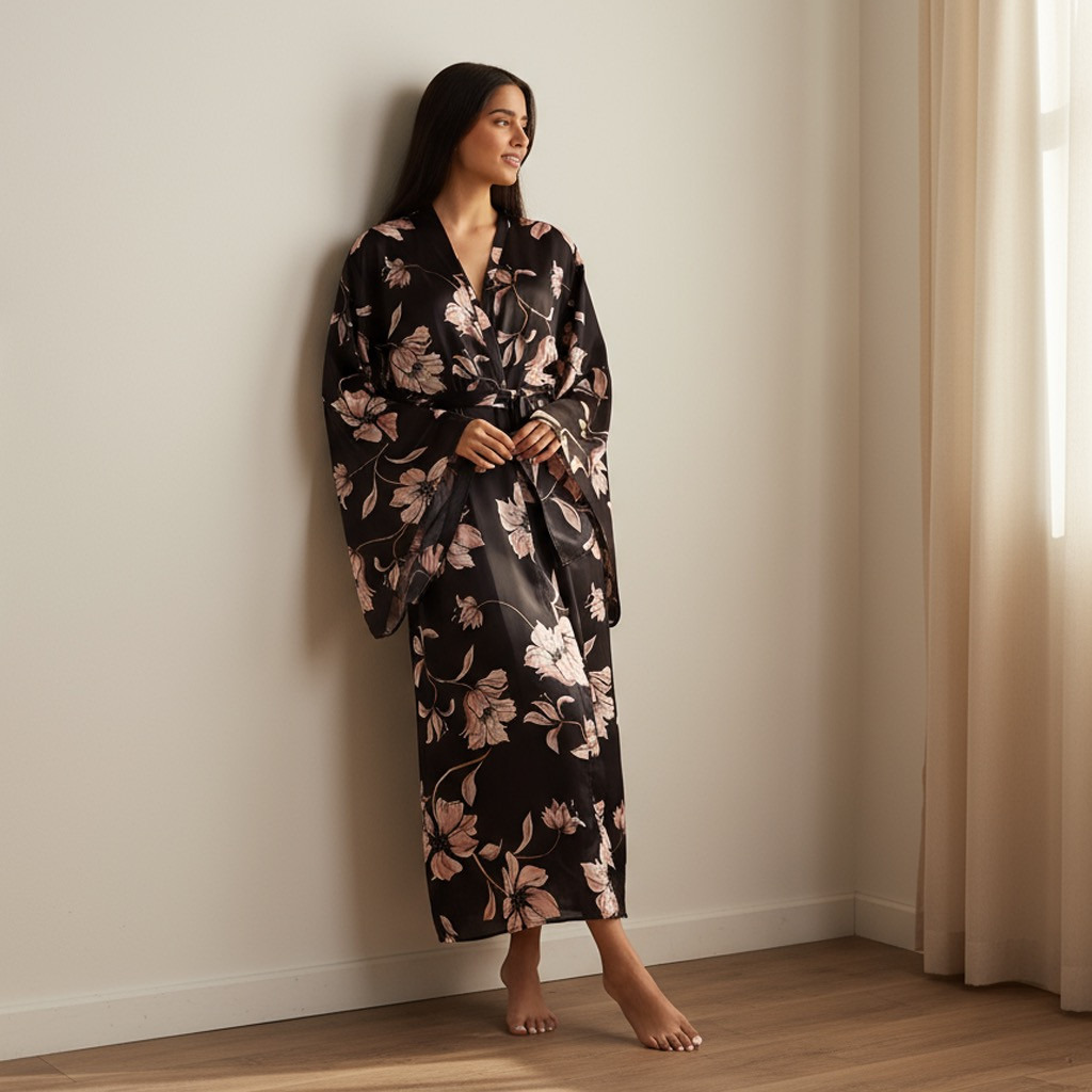 Shop Floral Print Night Robe with Tie-Up Belt Online | Max UAE