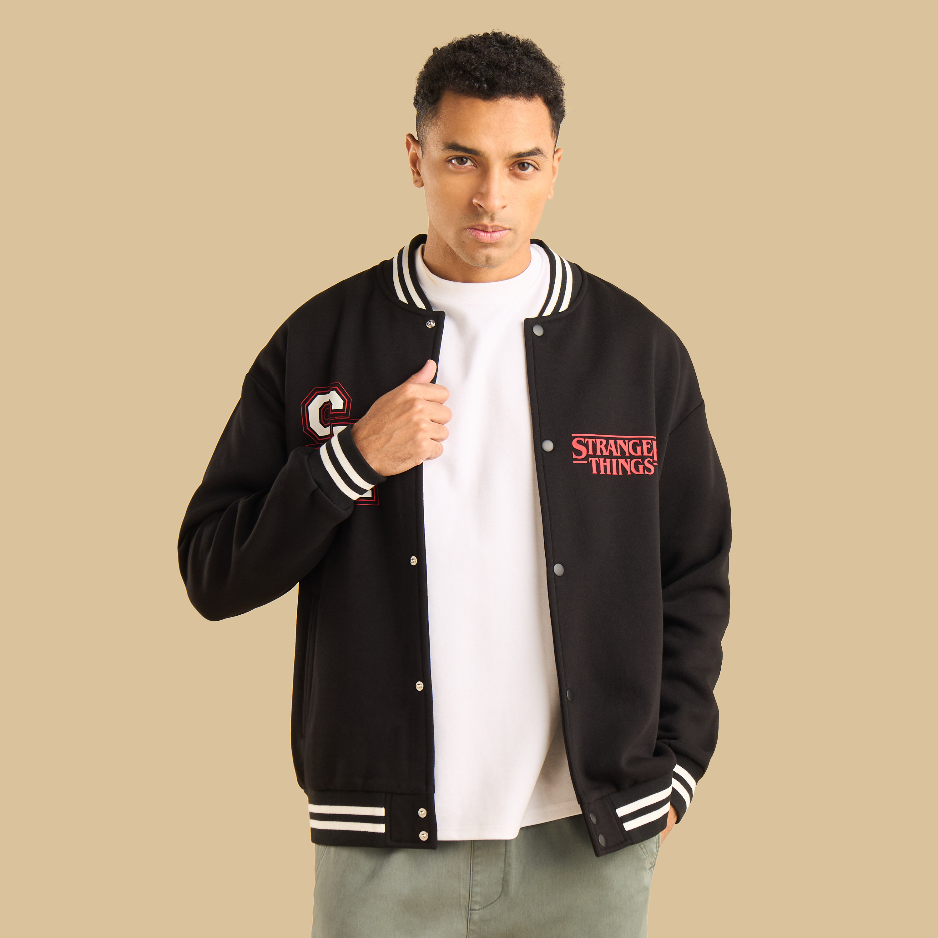 Shop Stranger Things Print Oversized Bomber Jacket Online | Max Qatar