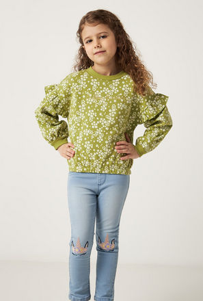 All Over Floral Print Round Neck Sweatshirt with Ruffles