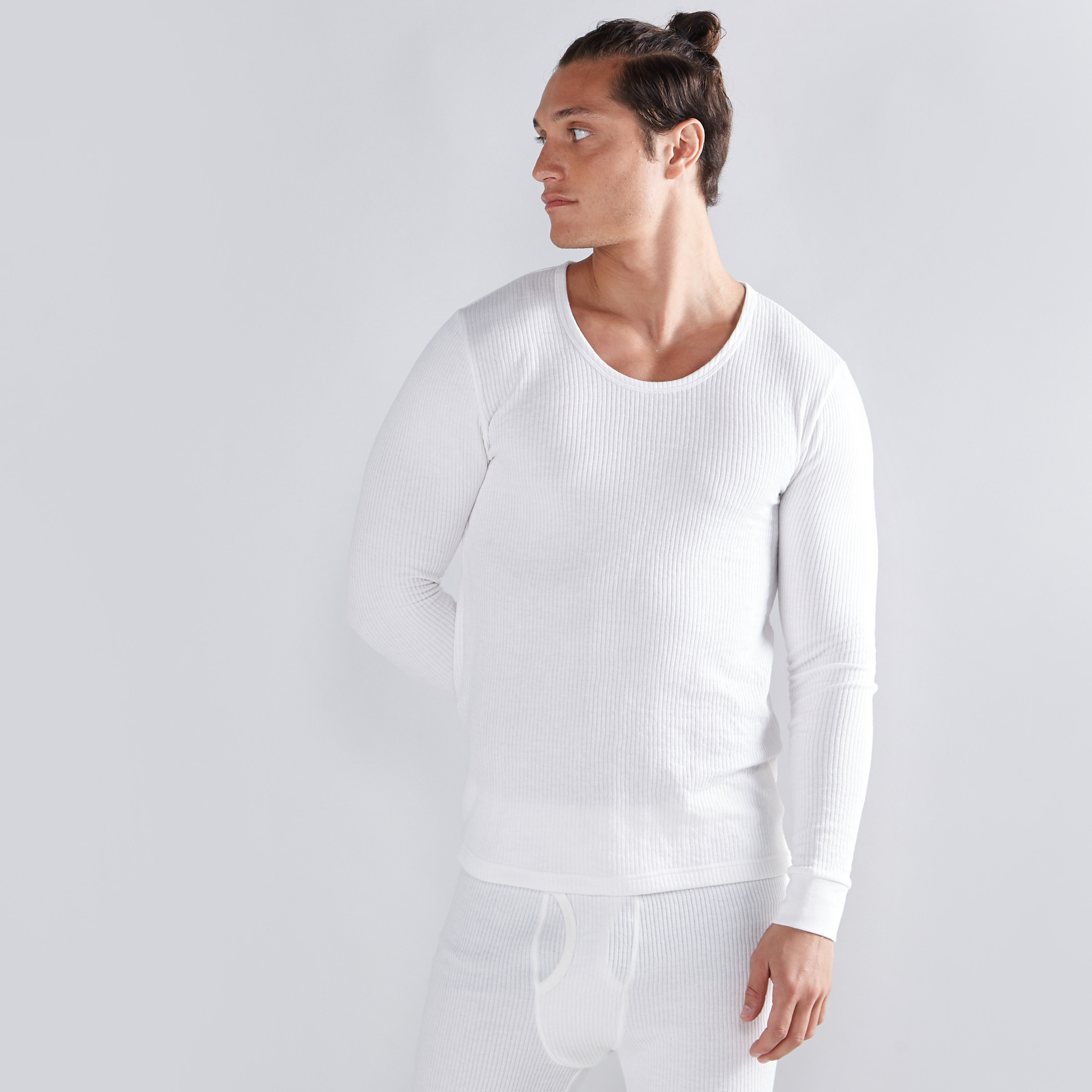 Shop Ribbed Thermal T Shirt with Round Neck and Long Sleeves