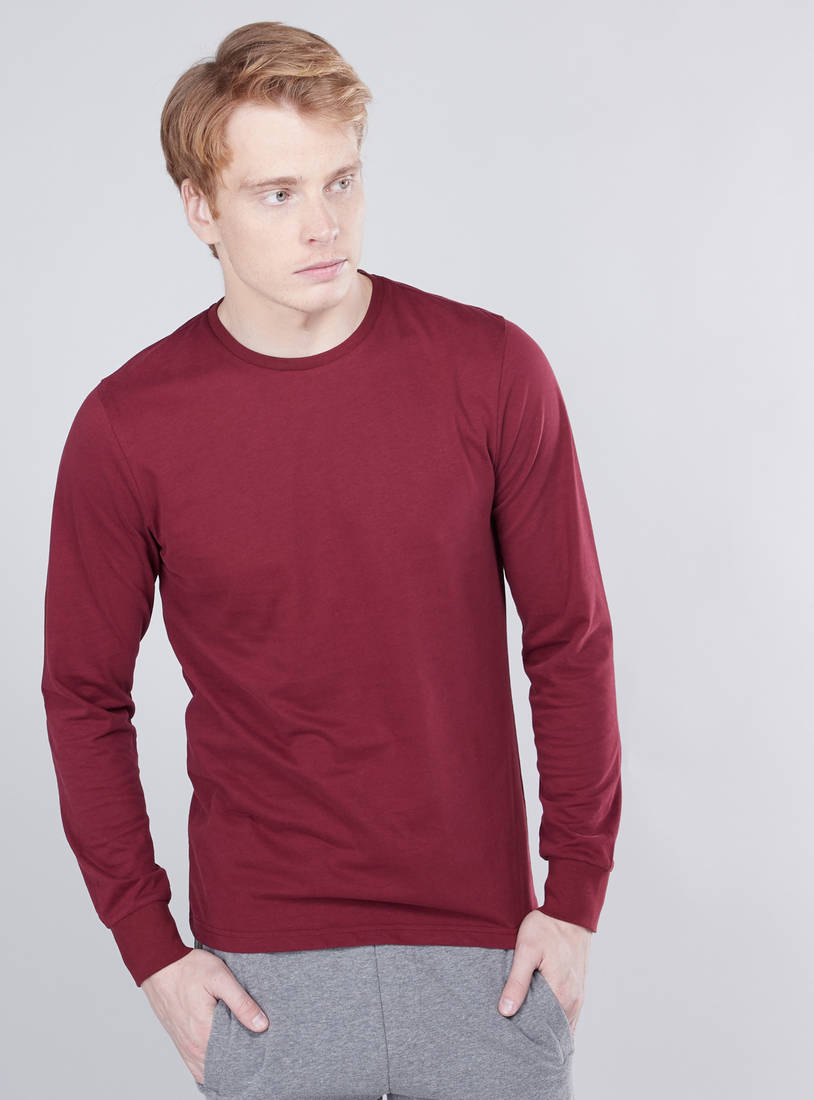 Shop Solid Round Neck T-shirt with Long Sleeves Online