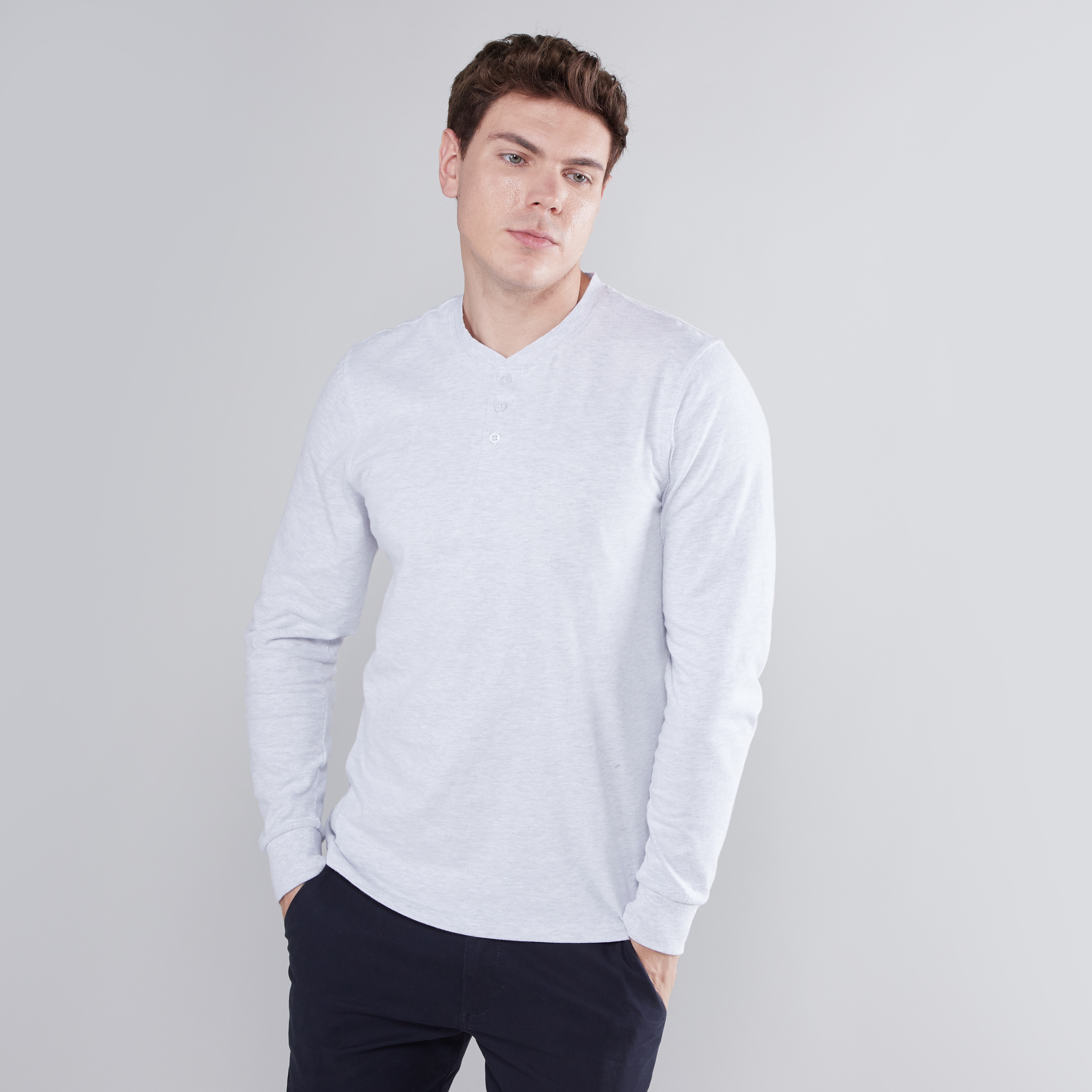 Shop Heathered Henley T shirt with Long Sleeves Online Max