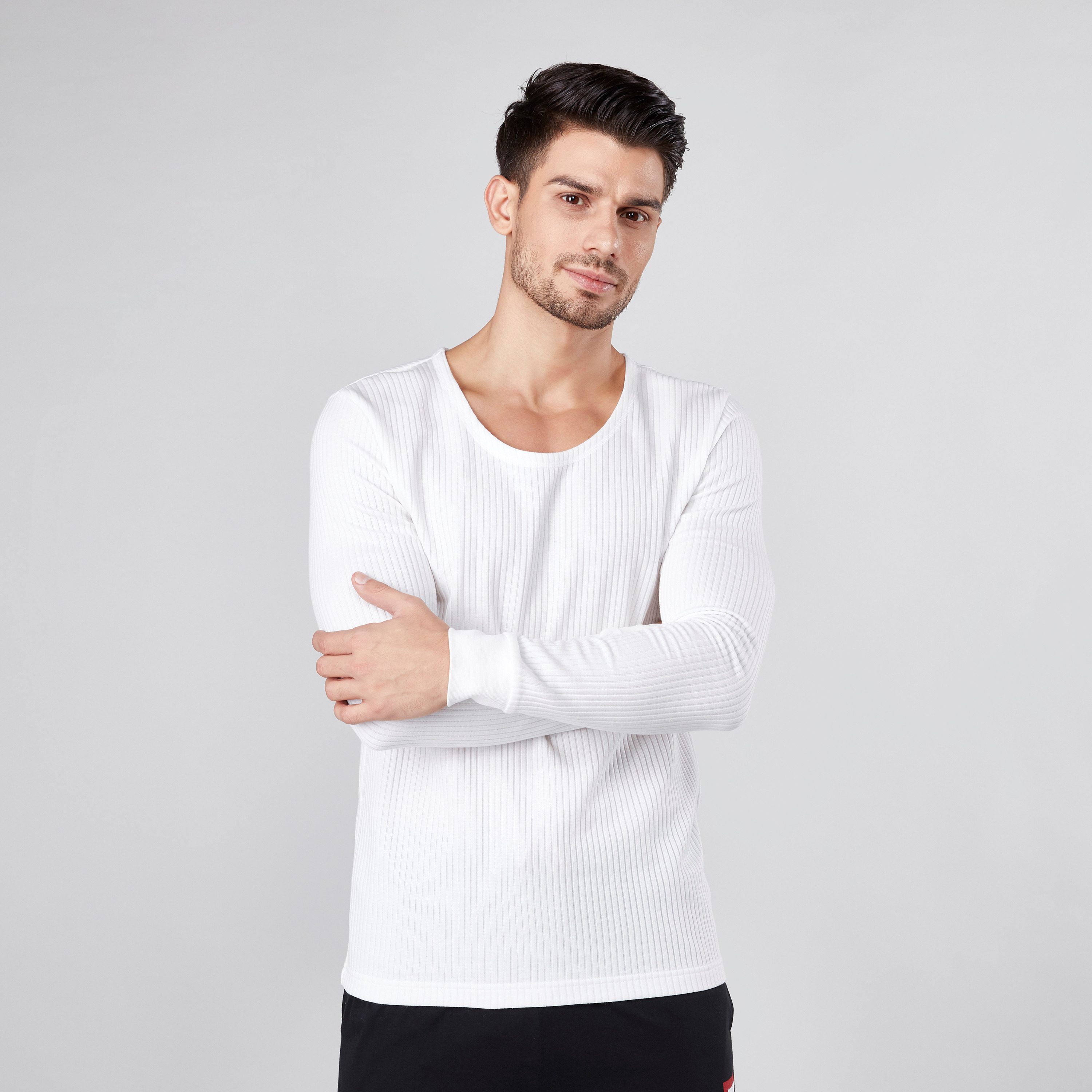 Shop Ribbed Thermal T shirt with Round Neck and Long Sleeves