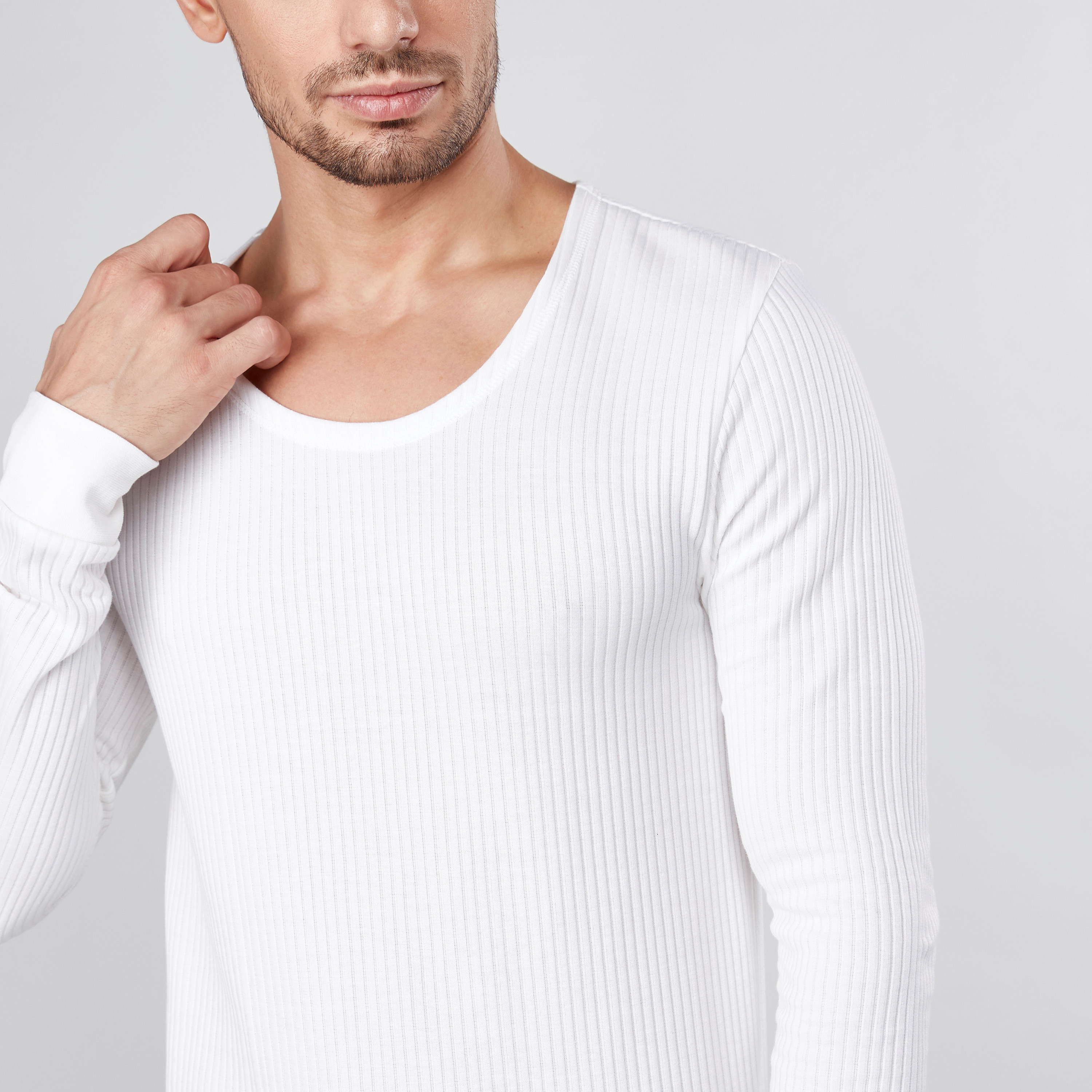 Shop Ribbed Thermal T shirt with Round Neck and Long Sleeves