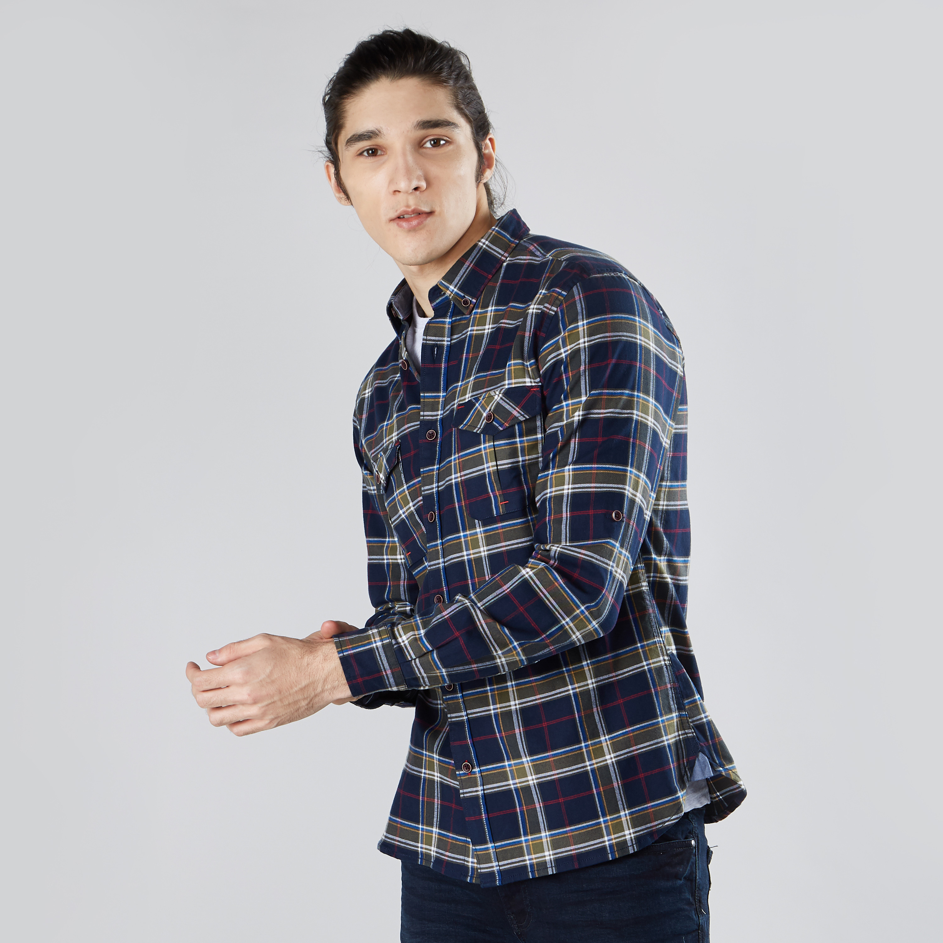 Shop Checked Collared Shirt with Long Sleeves Online Max Bahrain