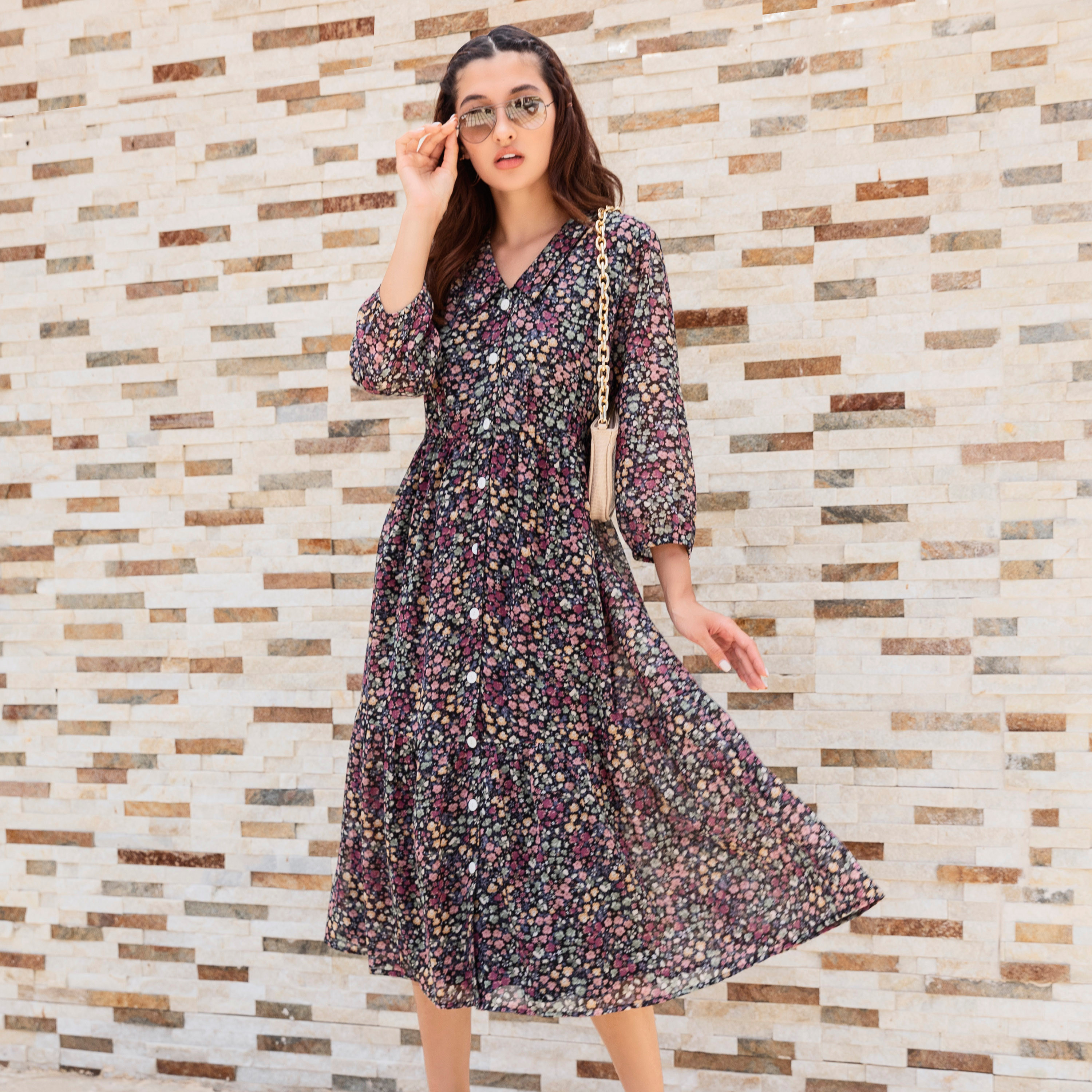 Shop All-Over Printed A-Line Midi Dress with V-neck Online | Max Qatar