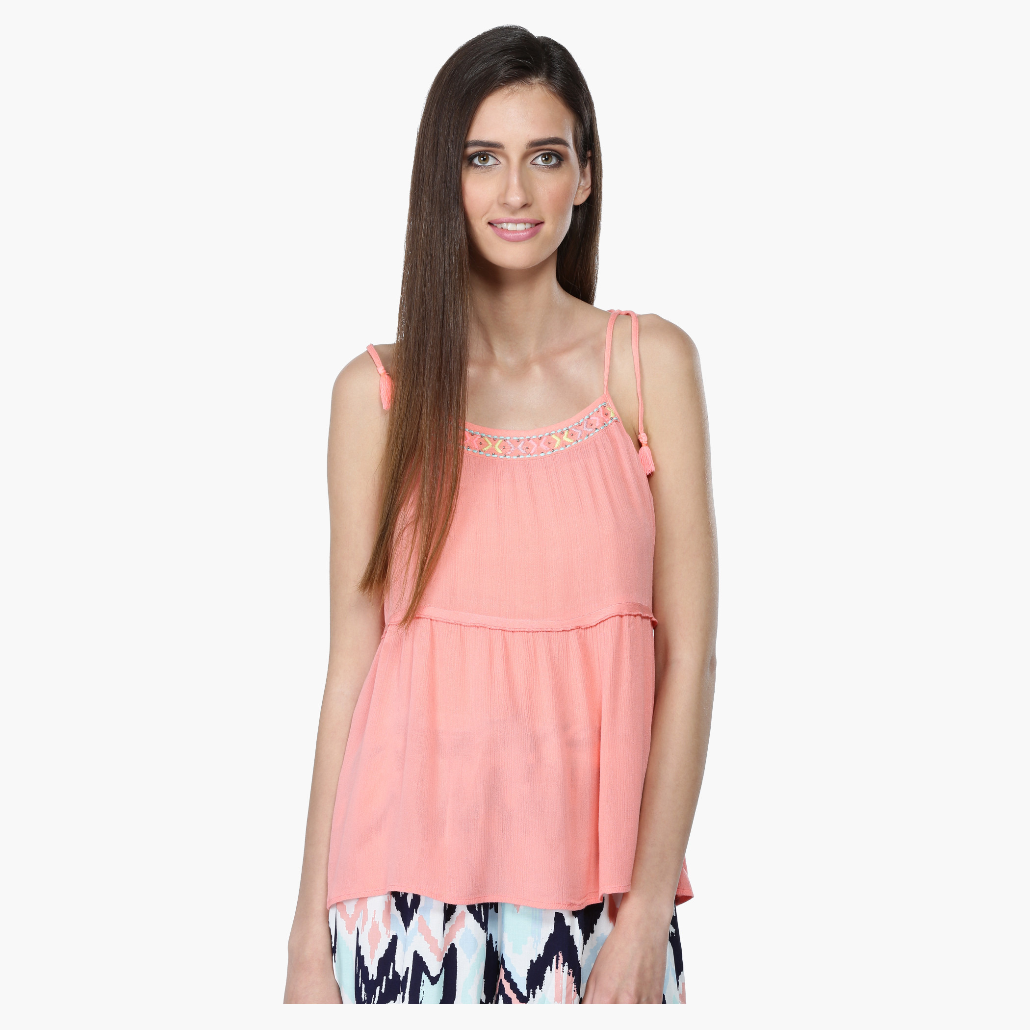 Shop Embroidered Neck Camisole Top with Tie Up Shoulders