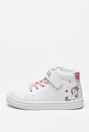 Unicorn Print Sneakers with Lace Detail and Hook and Loop Closure