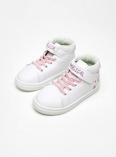 Unicorn Print Sneakers with Lace Detail and Hook and Loop Closure