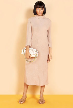 Ribbed High Neck Midi Shift Dress with 3/4 Sleeves