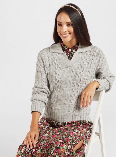 Cable-Knit Textured Sweater with Collar and Long Sleeves-Sweaters & Cardigans-image-0
