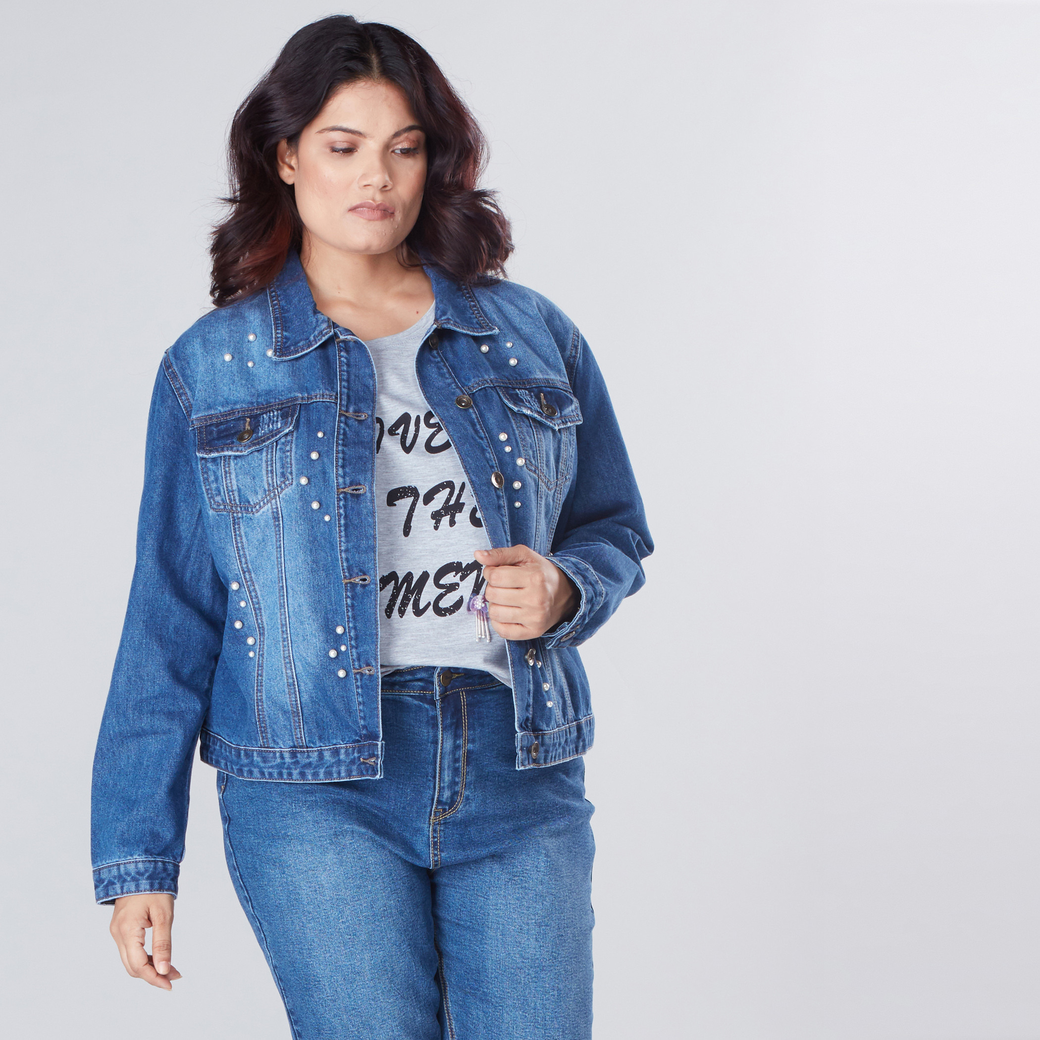 Shop Denim Jacket with Long Sleeves and Pearl Detail Online Max Bahrain