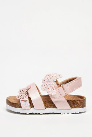 Glittered Butterfly Applique Strap Sandals with Hook and Loop Closure