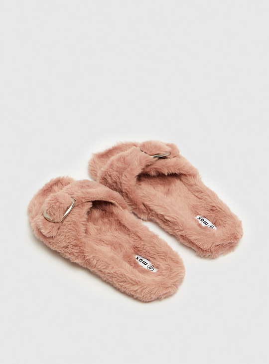 Plush Slides with Buckle Detail
