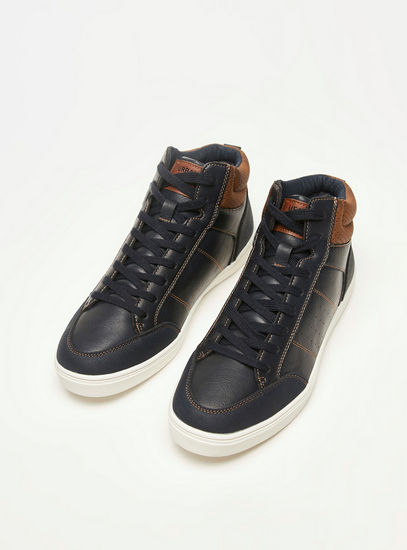 Textured High Top Boots with Perforated Detail and Lace-Up Closure-Boots-image-1