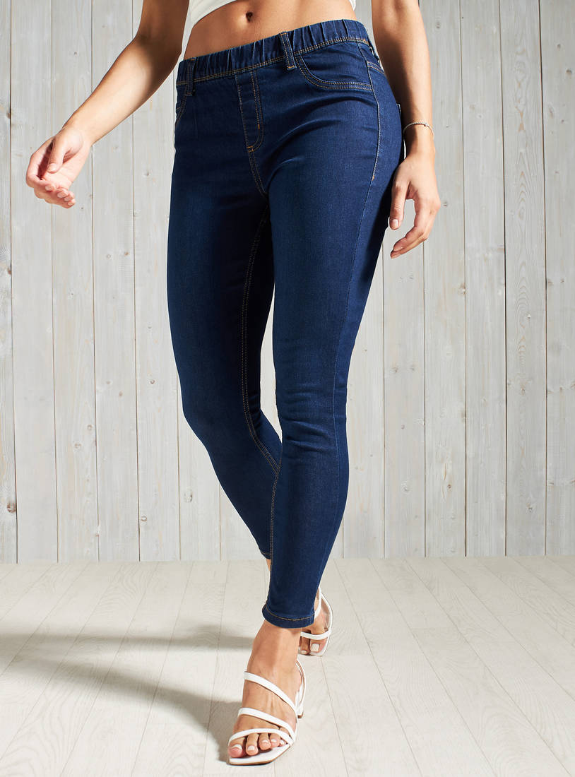 Plain Mid-Rise BCI Cotton Jeggings with Elasticated Waistband-Jeggings-image-0