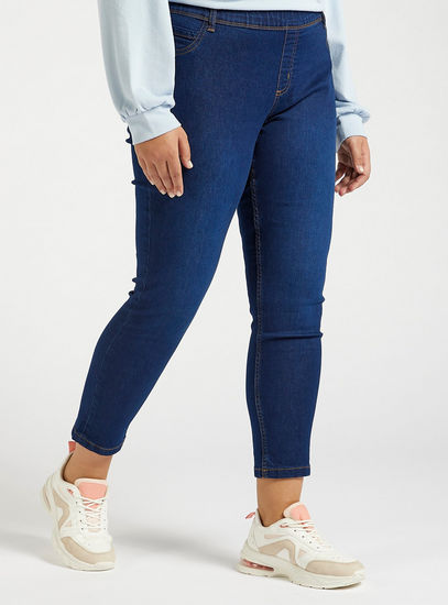 Solid Mid-Rise Cropped Jeggings with Elasticised Waistband
