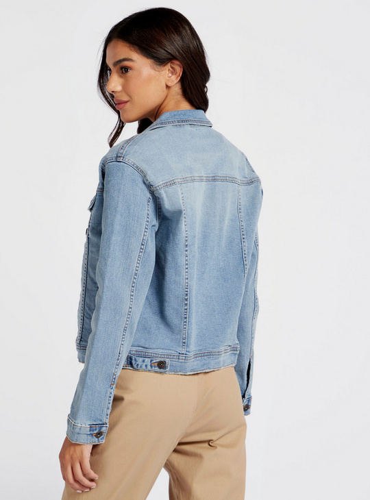 Solid Denim Jacket with Long Sleeves and Pockets