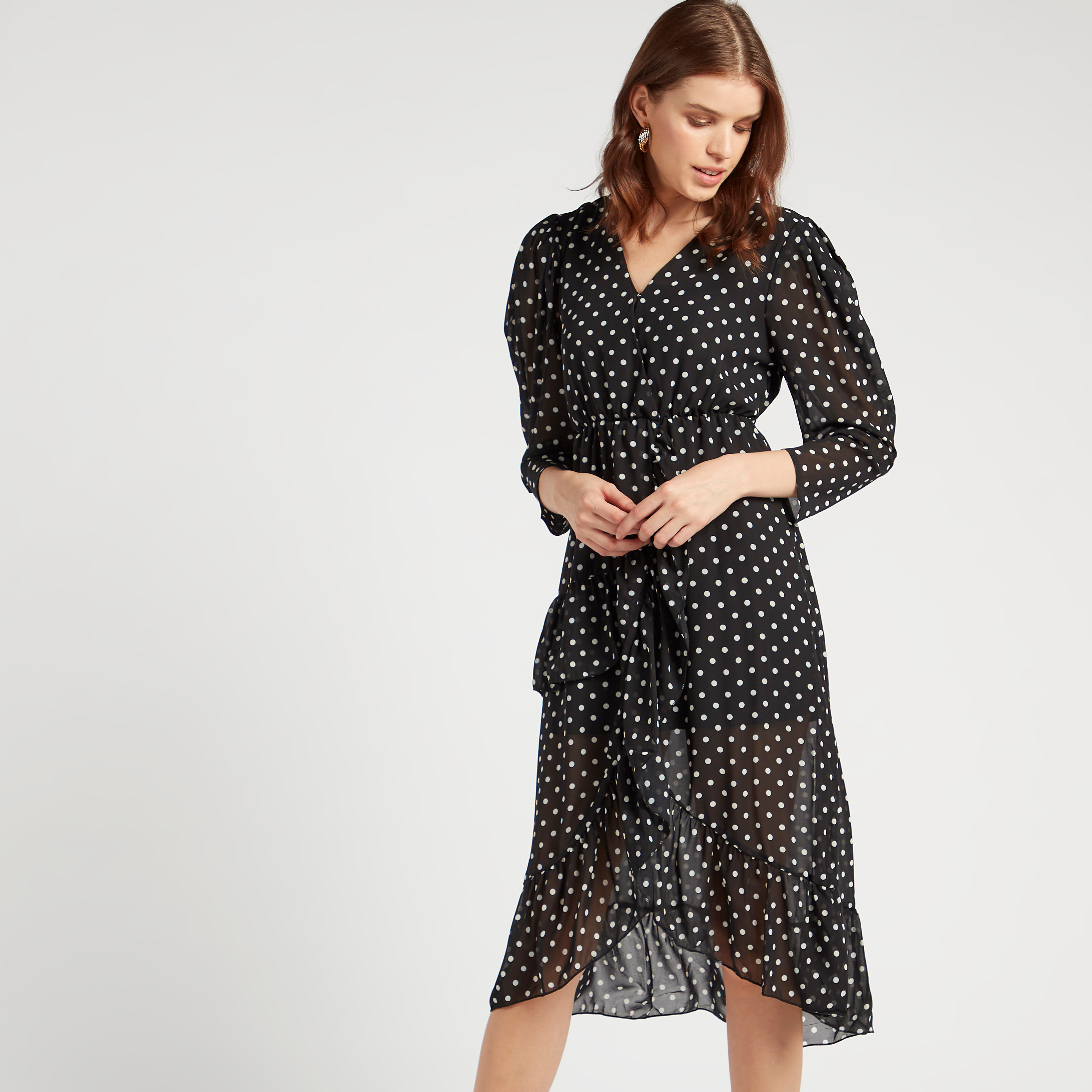 Polka dot waist outlet tie midi dress