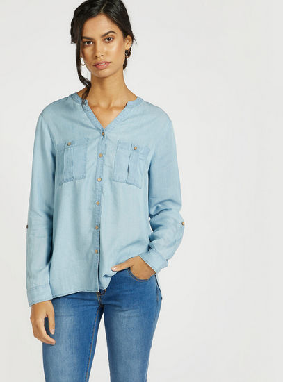 Solid Shirt with Long Sleeves and Pocket Detail